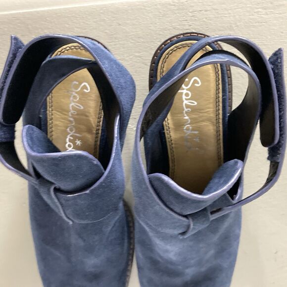Splendid Suede Booties 7.5 US Carmelo Ankle Wrap Almond Toe Hook & Loop Blue EUC - Picture 3 of 9